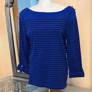 Jones New York Royal Blue Striped Long Sleeve Top